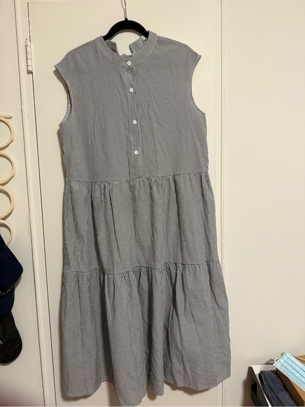 Sleeveless Tiered Midi Dress - Gray Seersucker